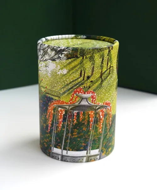 Ceramic cylinder vase with painted landscape design by Rosanna Tasker