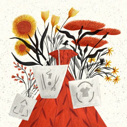 Woman with flowers and recycling symbols illustration by Rosanna Tasker