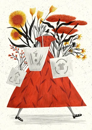 Woman with flowers and recycling symbols illustration by Rosanna Tasker