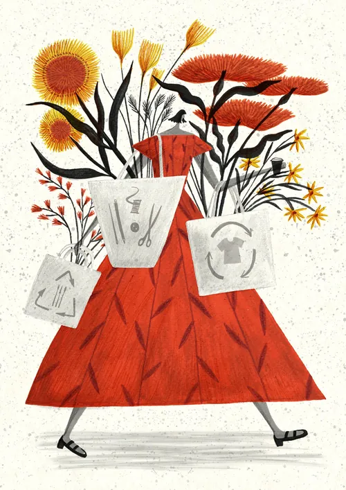 Woman with flowers and recycling symbols illustration by Rosanna Tasker
