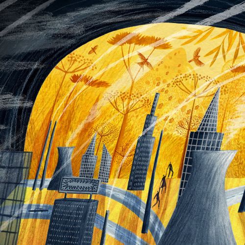 City skyline with large yellow moon and abstract sky by Rosanna Tasker