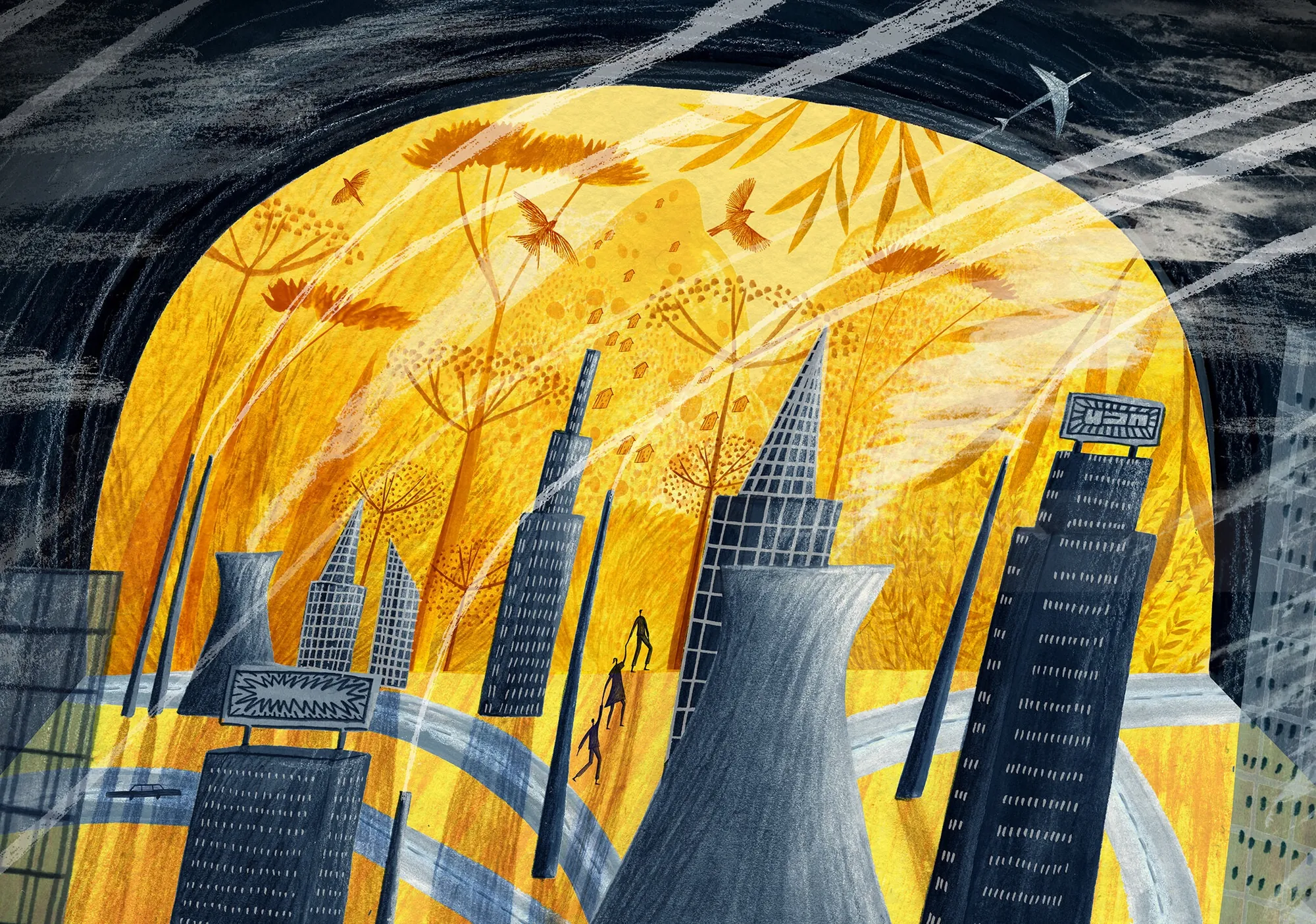 City skyline with large yellow moon and abstract sky by Rosanna Tasker