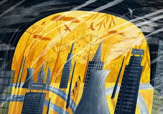 City skyline with large yellow moon and abstract sky by Rosanna Tasker