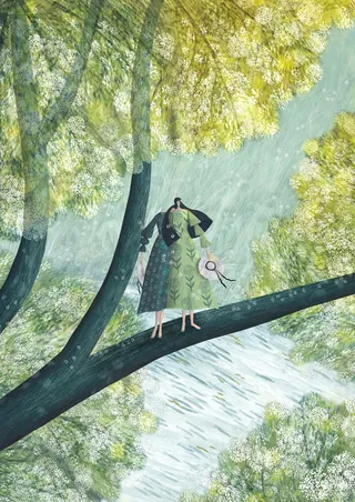 A woman and child on a tree branch surrounded by leaves and sunlight by Rosanna Tasker