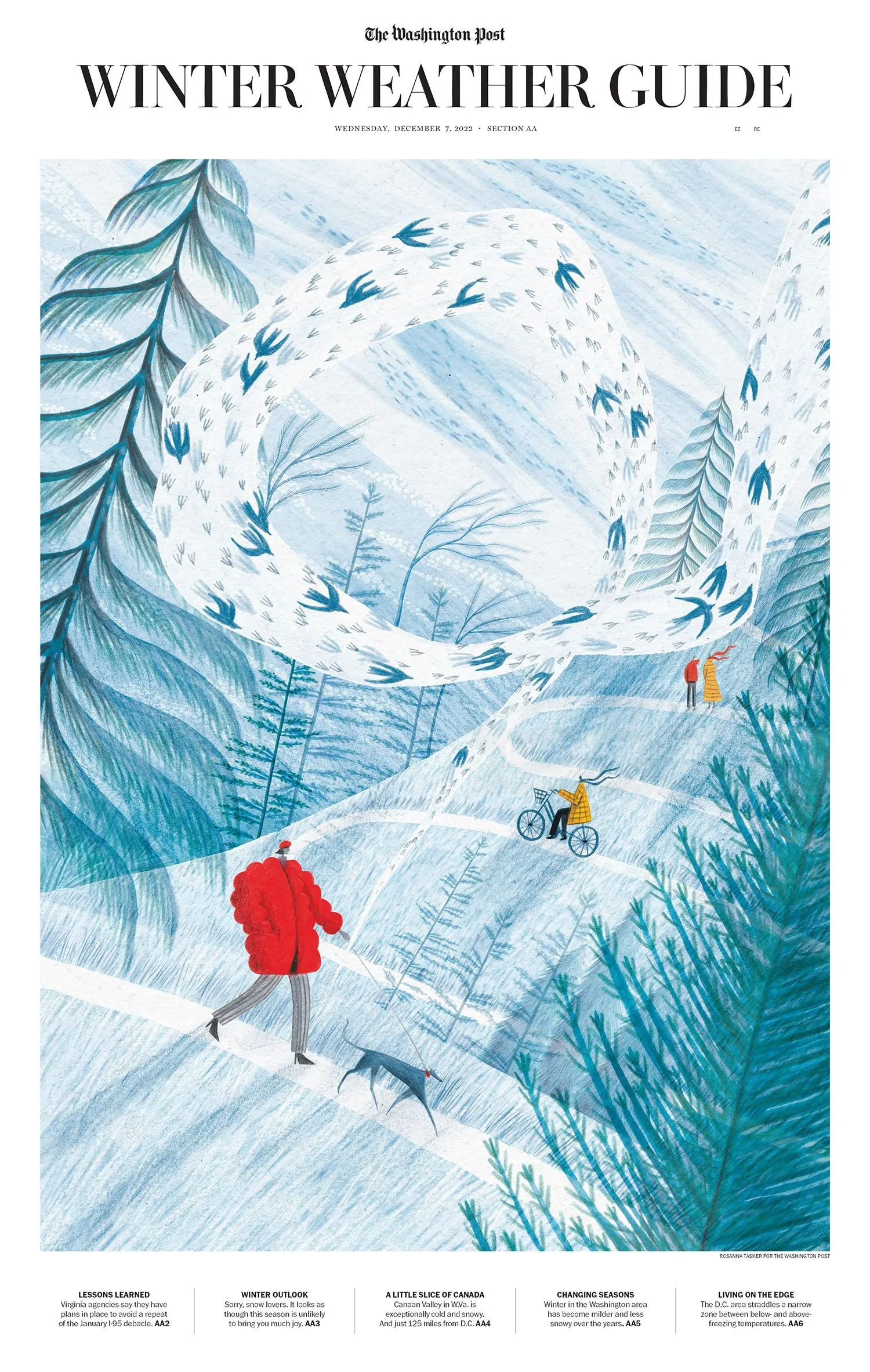 Winter landscape with person walking and cyclist among snow-covered trees, by Rosanna Tasker