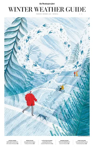 Winter landscape with person walking and cyclist among snow-covered trees, by Rosanna Tasker