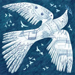 Mechanical bird flying with smaller birds in blue sky by Rosanna Tasker