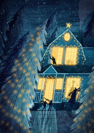 Cozy house with glowing windows and shadow figures dancing, snowy trees outside by Rosanna Tasker