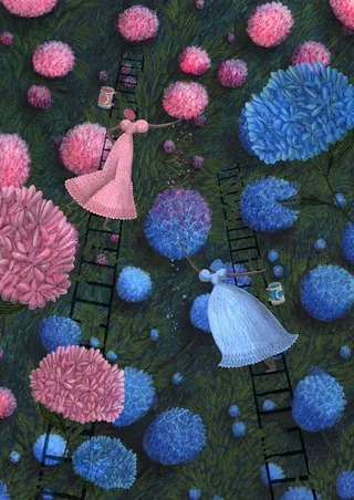 Surreal painting of two women painting large flowers, artwork by Rosanna Tasker