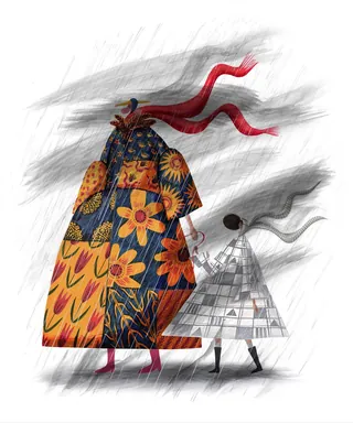 Stylized colorful patterned figures with flowing ribbon by Rosanna Tasker