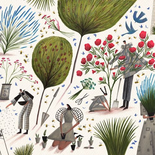 Whimsical garden scene with people planting and watering plants by Rosanna Tasker