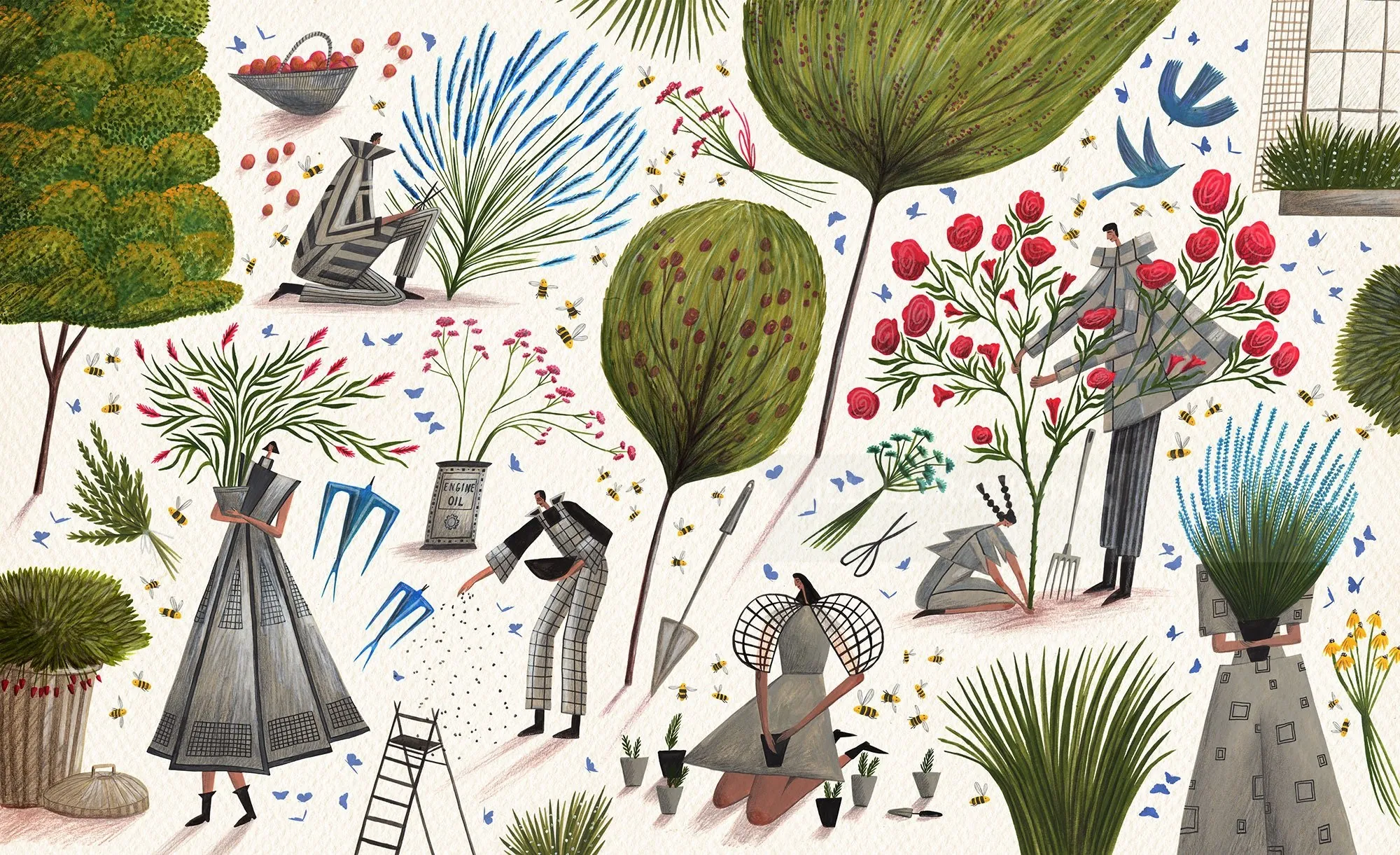 Whimsical Garden Scene with Figures | Illustration by Rosanna Tasker