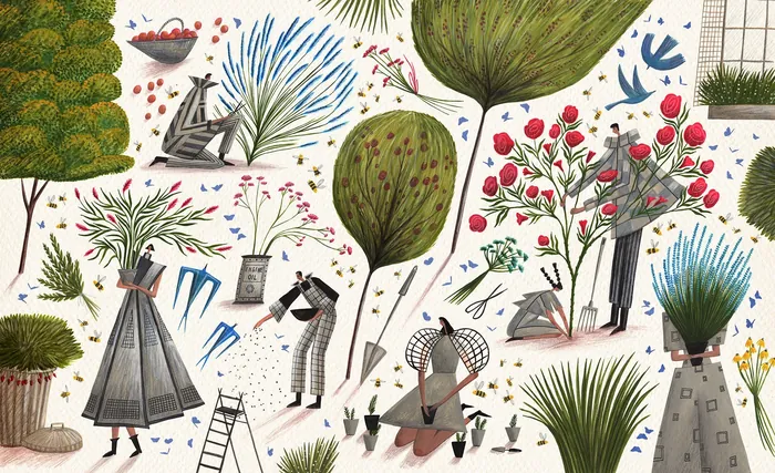 Whimsical garden scene with people planting and watering plants by Rosanna Tasker