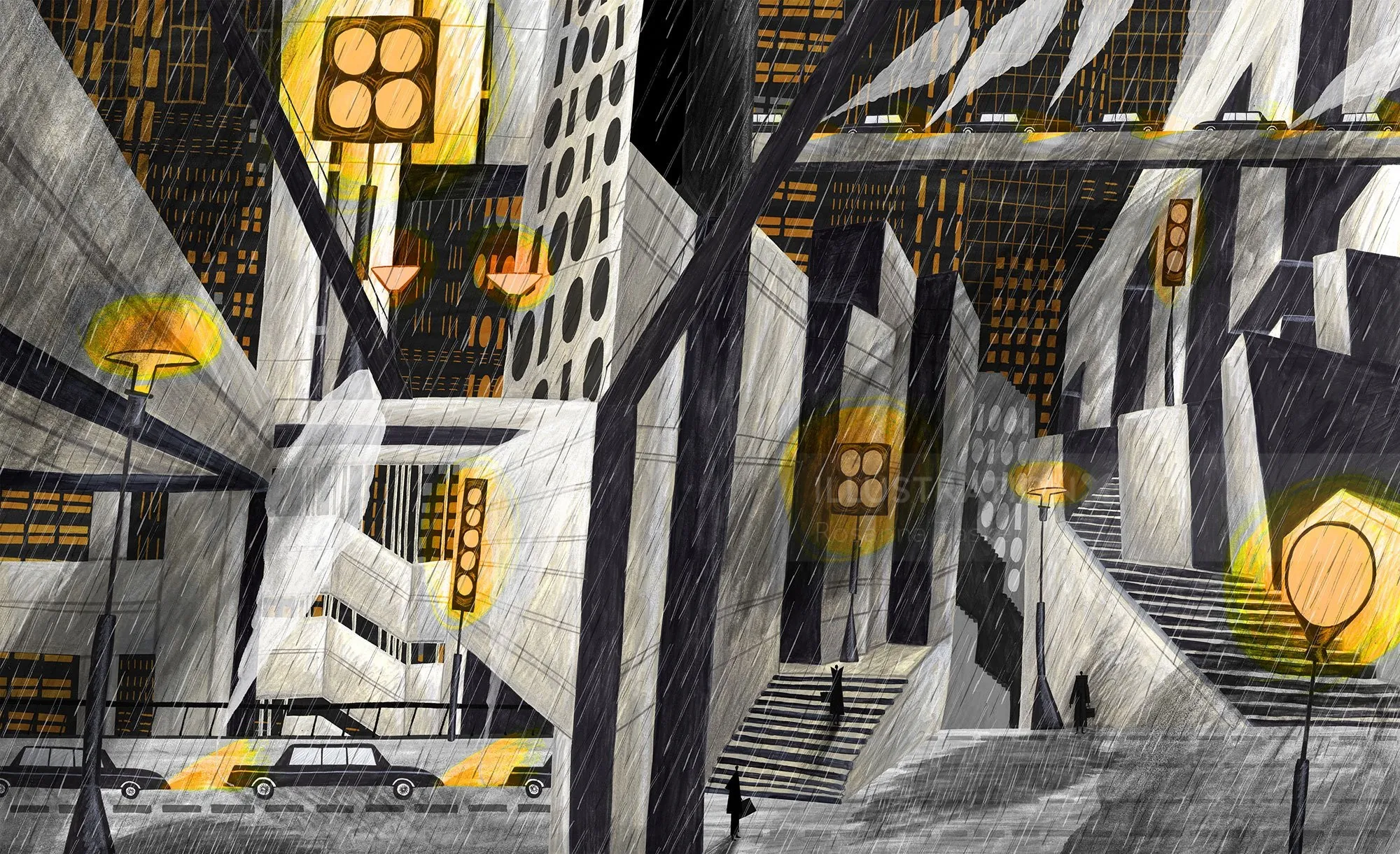 Geometric abstract urban interior with light and shadow by Rosanna Tasker