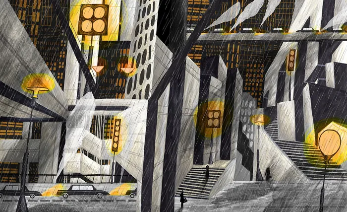 Geometric abstract urban interior with light and shadow by Rosanna Tasker