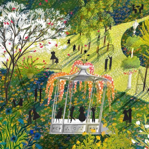 Illustrated garden with winding paths, flowers, pavilion, and birds by Rosanna Tasker