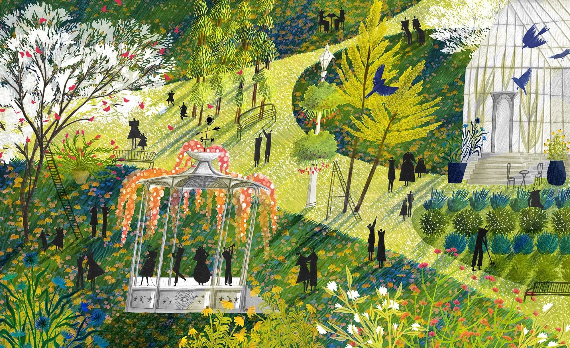 Illustrated garden with winding paths, flowers, pavilion, and birds by Rosanna Tasker