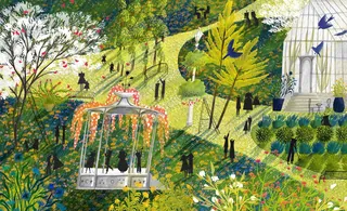 Illustrated garden with winding paths, flowers, pavilion, and birds by Rosanna Tasker