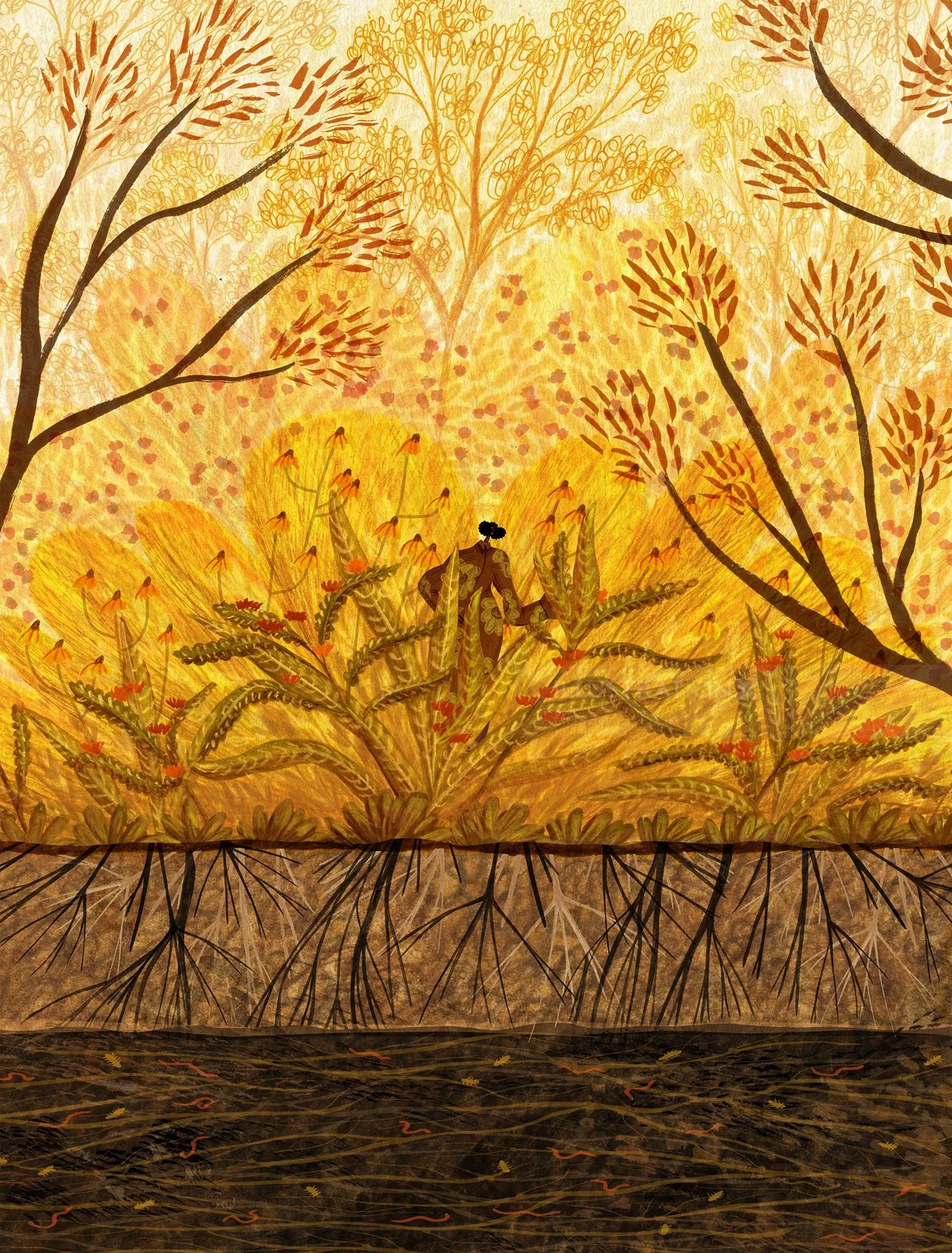 Autumn trees with golden leaves and detailed roots beneath forest floor by Rosanna Tasker