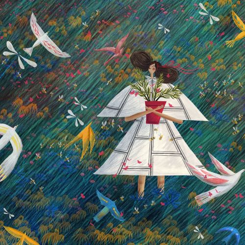 Surreal woman surrounded by birds and dragonflies artwork by Rosanna Tasker