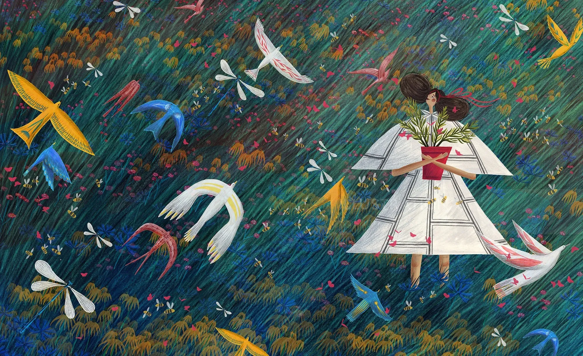 Surreal woman surrounded by birds and dragonflies artwork by Rosanna Tasker