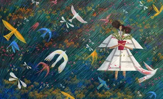 Surreal woman surrounded by birds and dragonflies artwork by Rosanna Tasker