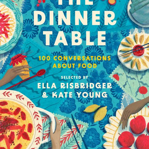 Illustrated dinner table with plates of food and hands reaching in