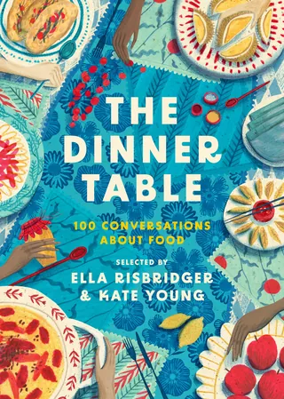 Illustrated dinner table with plates of food and hands reaching in