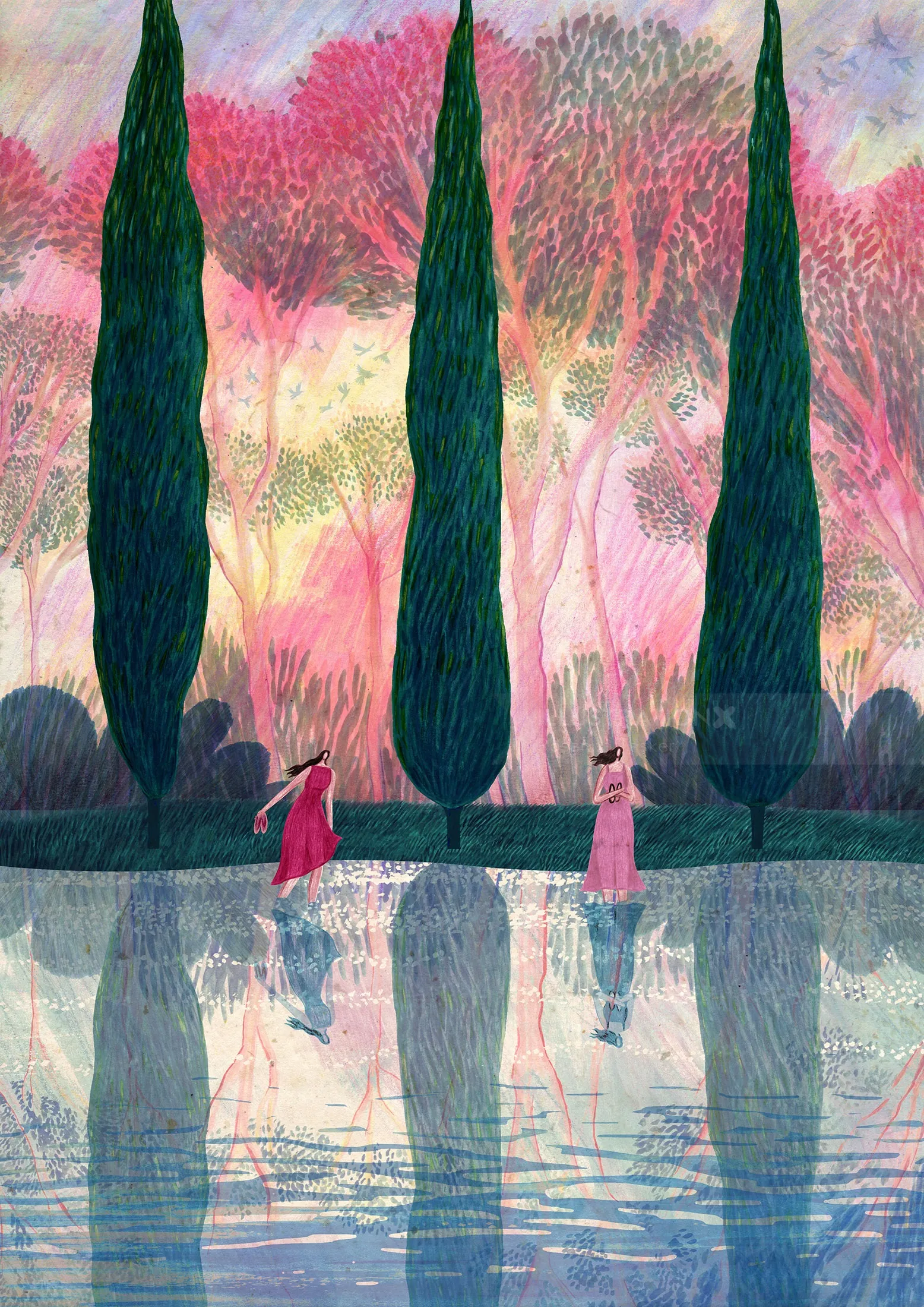 Two women near tall cypress trees with reflections in water