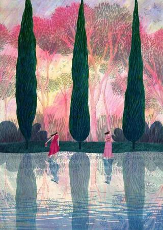 Two women near tall cypress trees with reflections in water