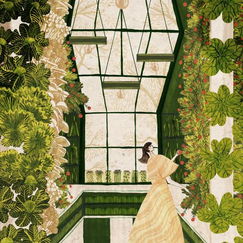Woman in yellow dress inside a greenhouse surrounded by plants