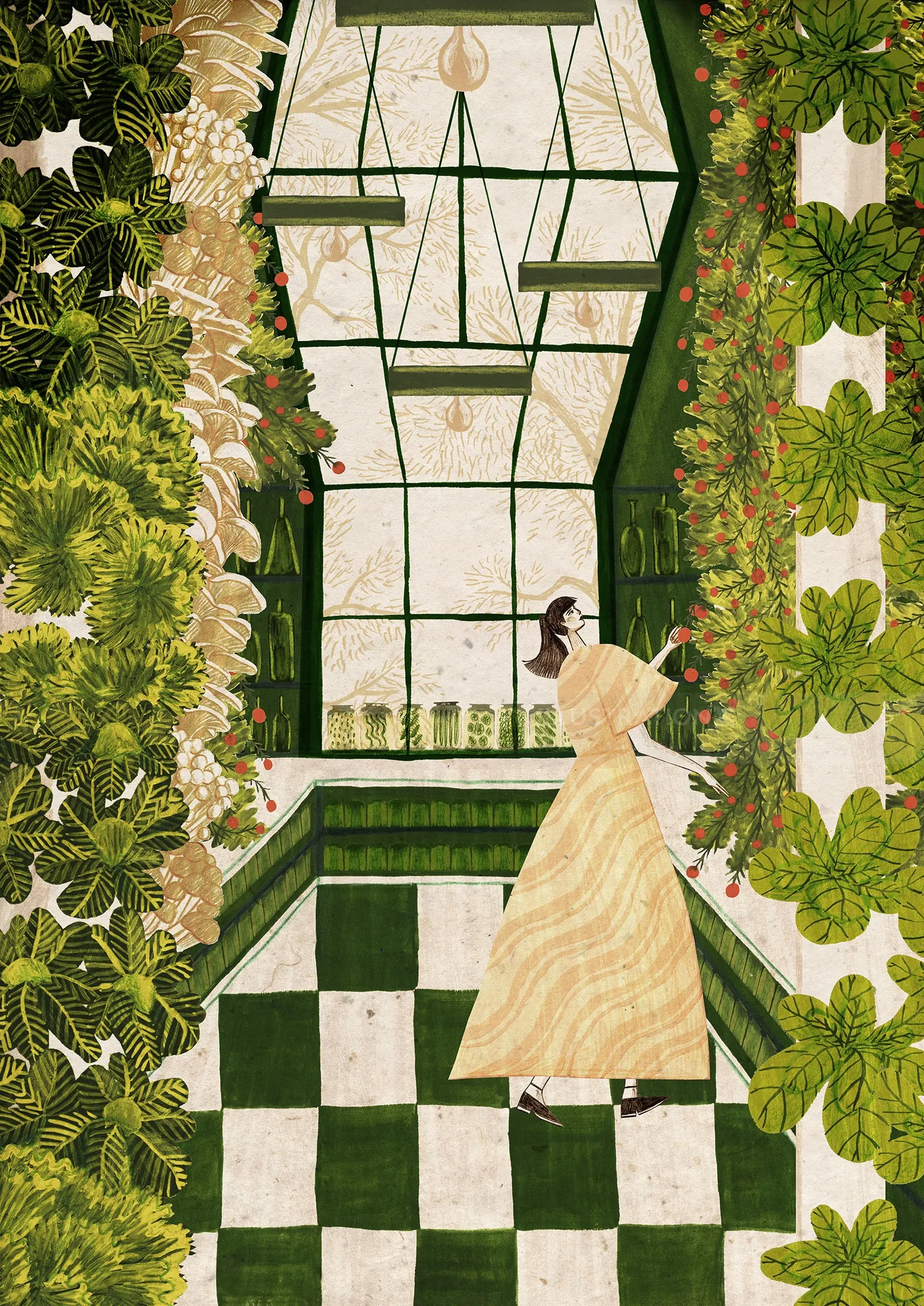 Woman in yellow dress inside a greenhouse surrounded by plants