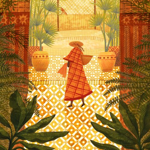 Woman in red coat walking on patterned floor in tropical garden.