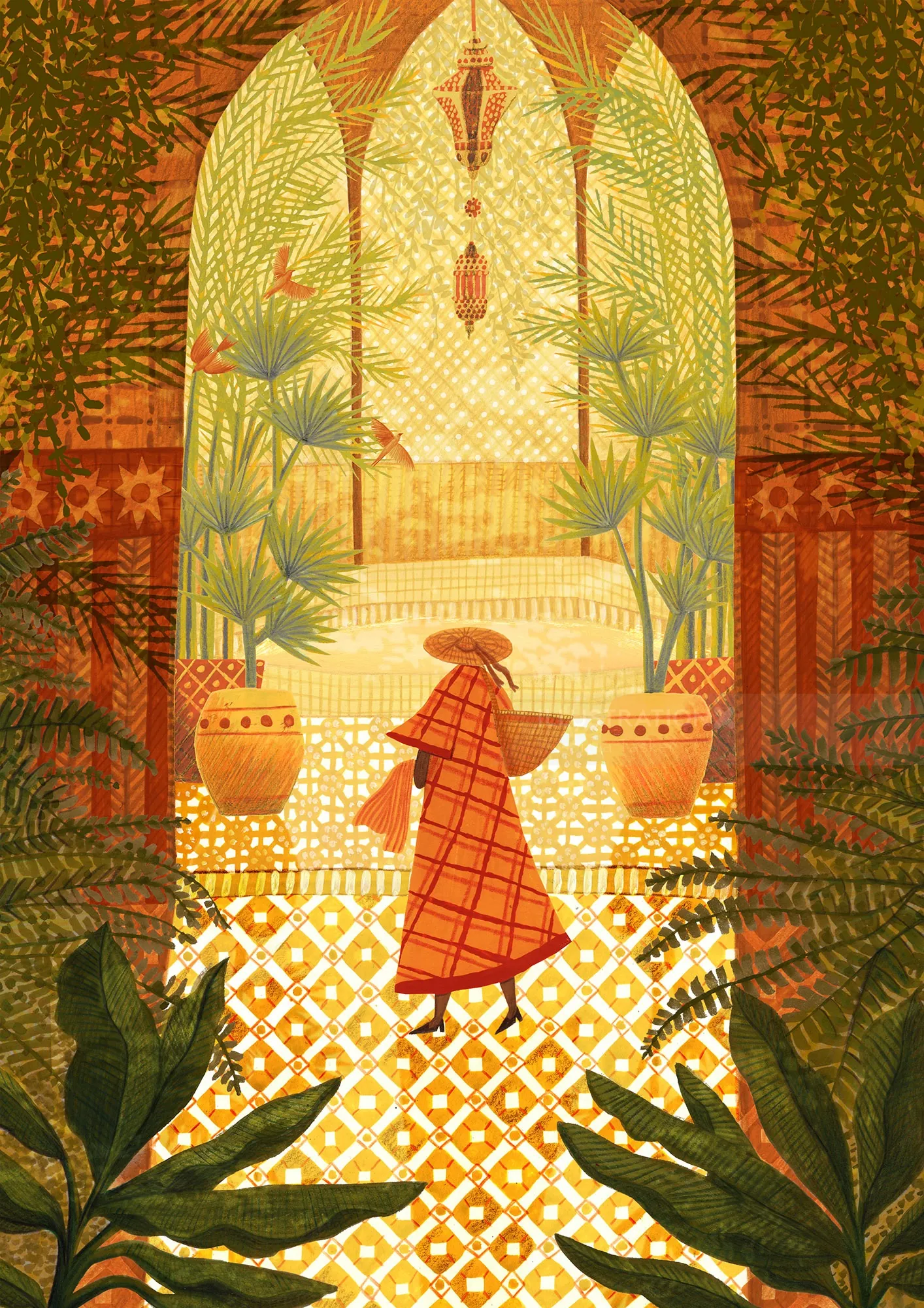 Woman in red coat walking on patterned floor in tropical garden.