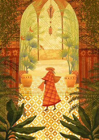 Woman in red coat walking on patterned floor in tropical garden.
