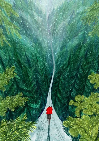 Individual walking on snow-covered trail surrounded by tall green trees