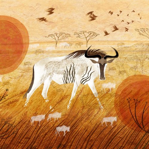 Wildebeest walking in stylized African savanna with oversized suns and birds