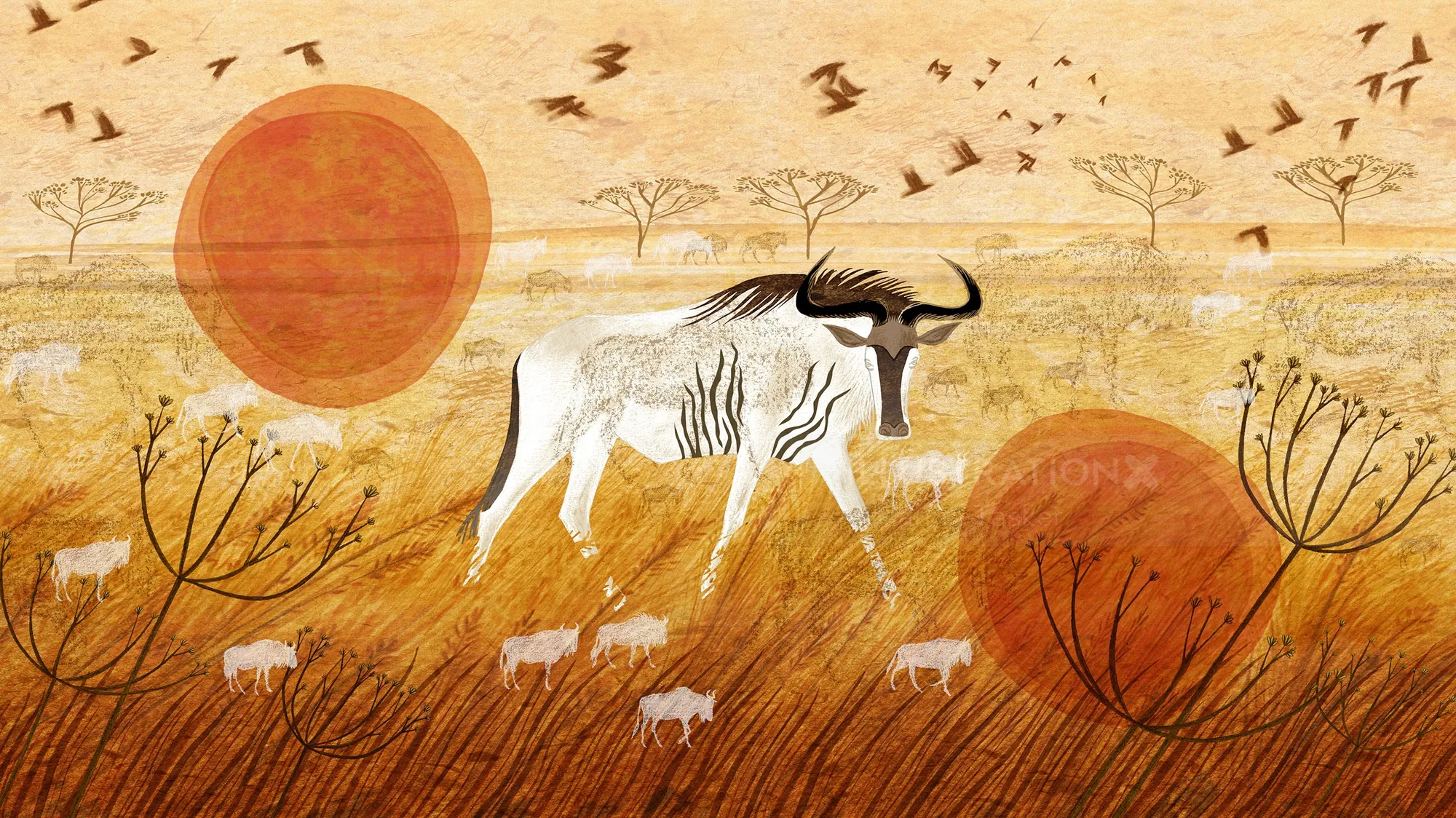 Wildebeest walking in stylized African savanna with oversized suns and birds