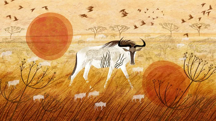 Wildebeest walking in stylized African savanna with oversized suns and birds