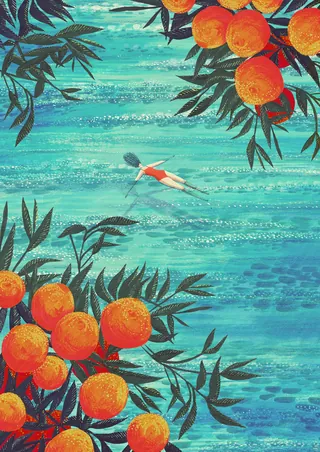 Swimmer in blue water with orange fruit trees around