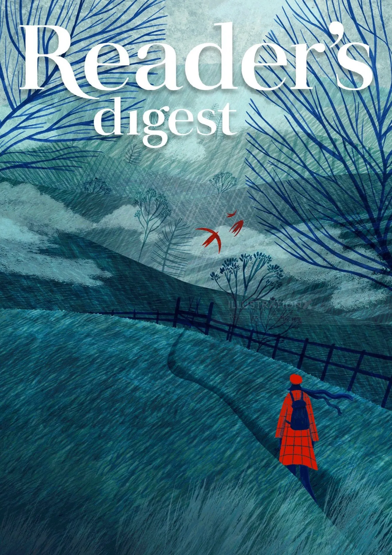 A figure in a red coat walking on a winding path in a blue landscape