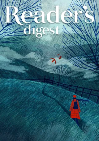 A figure in a red coat walking on a winding path in a blue landscape