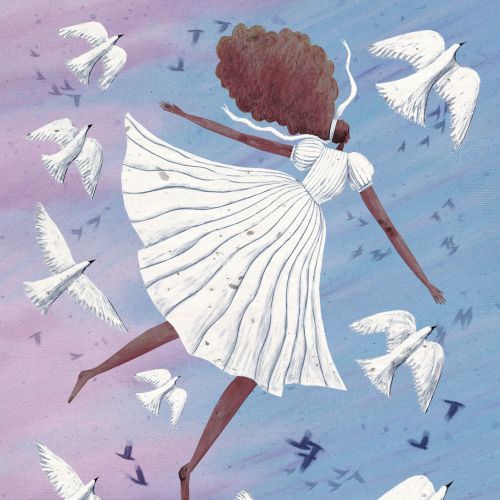Woman in white dress flying among white birds in a soft purple sky