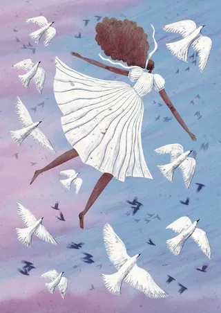 Woman in white dress flying among white birds in a soft purple sky