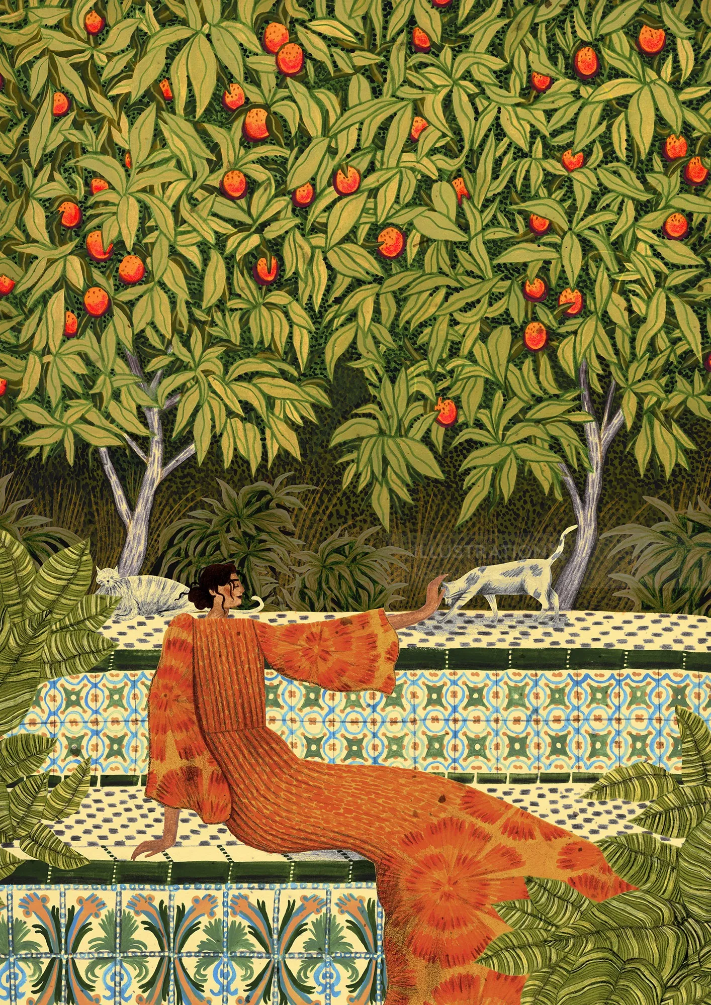 Woman in orange dress under fruit tree with small white dog