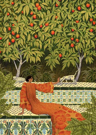 Woman in orange dress under fruit tree with small white dog