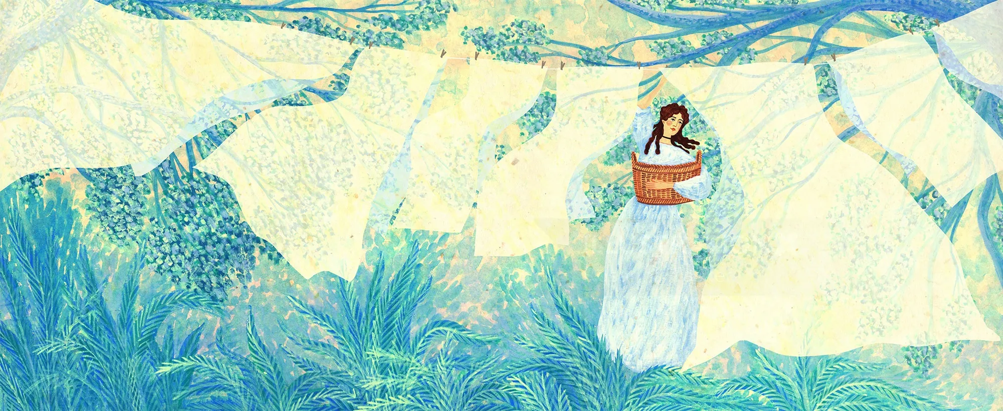 Rosanna Tasker illustration of a woman in a white dress amid blue-green foliage