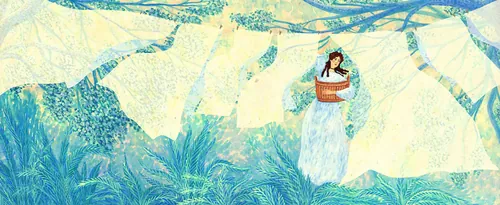 Ilustración del Rosanna Tasker de una mujer con un vestido blanco entre follaje azul verdoso.