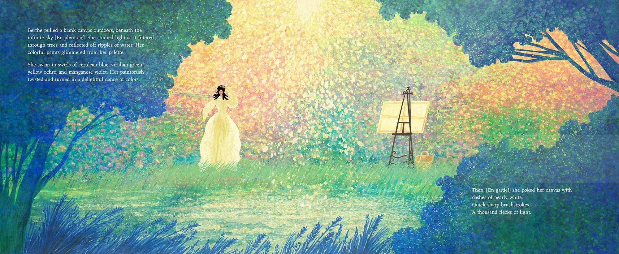 Ilustración de una mujer vestida de blanco junto a un caballete en un jardín.