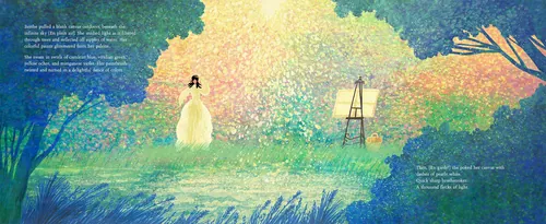 Ilustración de una mujer vestida de blanco junto a un caballete en un jardín.